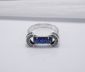 925 Silver Colosseum Road Ring with Blue Gems, Handcrafted Greek Jewelry