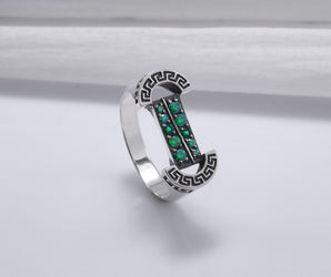 925 Silver Colosseum Road Ring with Green Gems, Handcrafted Greek Jewelry