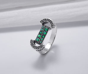 925 Silver Colosseum Road Ring with Green Gems, Handcrafted Greek Jewelry