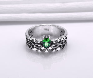 925 Silver Filigree Ring with Green Gem, Handcrafted Classic Jewelry