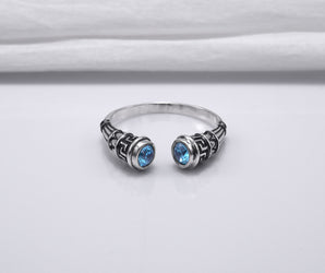 925 Silver Meander Ornament Ring with Sky Blue Gems, Handcrafted Greek Jewelry