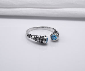 925 Silver Meander Ornament Ring with Sky Blue Gems, Handcrafted Greek Jewelry