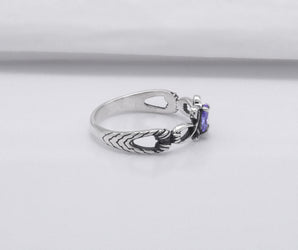 925 Silver Bended Pattern Ring with Purple Cubic Zirconia, Handmade Fashion Jewelry