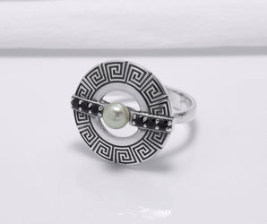 925 Silver Round Ring with Greek Ornament and Black Gems, Handcrafted Fashion Jewelry