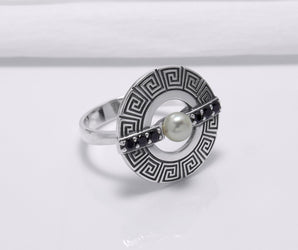 925 Silver Round Ring with Greek Ornament and Black Gems, Handcrafted Fashion Jewelry