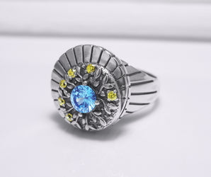 925 Silver Round Ring with Leaves Ornament and Blue Gem, Handcrafted Fashion Jewelry