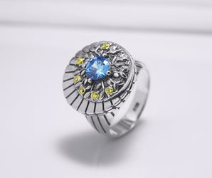 925 Silver Round Ring with Leaves Ornament and Blue Gem, Handcrafted Fashion Jewelry