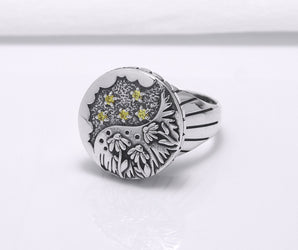 925 Silver Round Ring with Flowers Ornament and Yellow Gems, Handcrafted Fashion Jewelry