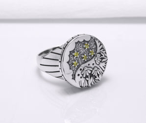 925 Silver Round Ring with Flowers Ornament and Yellow Gems, Handcrafted Fashion Jewelry