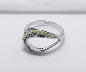 Sterling Silver Open Oval Ring with Ornament and Yellow Gems, Handcrafted Fashion Jewelry