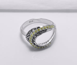 Sterling Silver Open Oval Ring with Ornament and Yellow Gems, Handcrafted Fashion Jewelry