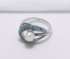 Sterling Silver Open Oval Ring with Ornament and Blue Gems, Handcrafted Fashion Jewelry