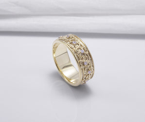 Gold Plated Floral Ornament Ring with Clear Gems, Handmade Fashion Jewelry