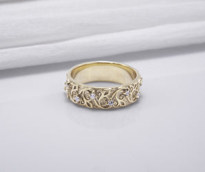 Gold Plated Ring with Floral Ornament and Clear Gems, Handmade Fashion Jewelry
