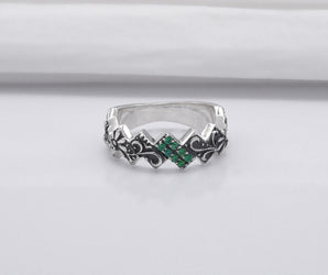 925 Silver Ring with Floral Ornament and Green Gems, Handmade Fashion Jewelry