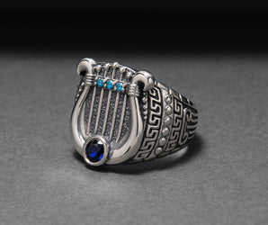 Sterling Silver Harp Ring with Greek Ornament, Handcrafted Fashion Jewelry