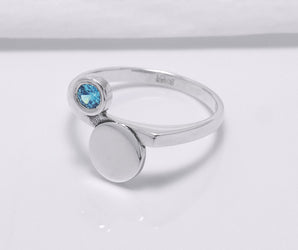 925 Silver Round Ring with Light Blue Cubic Zirconia, Handmade Fashion Jewelry