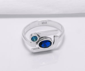 925 Silver Geometric Ring with Round and Oval Blue Gems, Handmade Fashion Jewelry