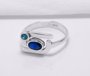 925 Silver Geometric Ring with Round and Oval Blue Gems, Handmade Fashion Jewelry