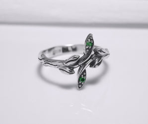Sterling Silver Ring with Branch, Floral Ornament and Green Gems, Handmade Fashion Jewelry