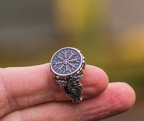 Aegishjalmur or Helm of Awe Symbol with Oak Leaves Sterling Silver Viking Ring