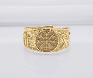 14K Gold Black Sun Ring with HAIL ODIN Runes Viking Jewelry