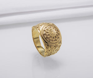 14K Gold Black Sun Ring with Mammen Ornament Viking Jewelry