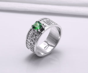 950 Platinum Ring with Runes Ornament and Green Cubic Zirconia, Handmade Jewelry