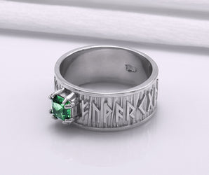 950 Platinum Ring with Runes Ornament and Green Cubic Zirconia, Handmade Jewelry