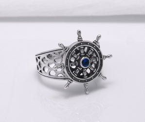 Sterling Silver Ship Wheel Ring with Blue Gem, Handcrafted Marine Jewelry