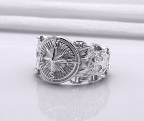 950 Platinum Compass Symbol with Anchor and Chain, Unique Sailor's Ring