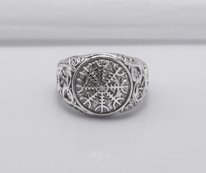 950 Platinum Helm of Awe Symbol with Urnes Style, Handcrafted Norse Ring