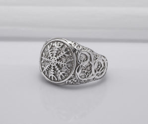 950 Platinum Helm of Awe Symbol with Urnes Style, Handcrafted Norse Ring