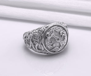 950 Platinum Odin Raven Symbol Ring with Urnes Style, Handcrafted Viking Jewelry