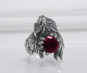 Unique 925 Silver Raven Ring With Gem, Handcrafted Jewelry