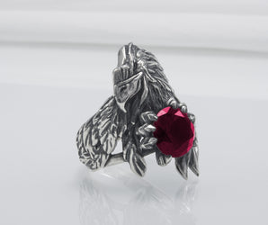 Unique 925 Silver Raven Ring With Gem, Handcrafted Jewelry
