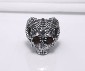Sterling Silver Ram's Skull Ring with Red Gems, Handcrafted Brutal Jewelry