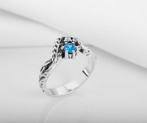 925 Silver Fashion Ring with Blue and Clear Gems and Leaves, unique handmade jewelry