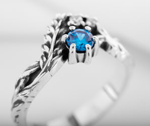 925 Silver Fashion Ring with Blue and Clear Gems and Leaves, unique handmade jewelry