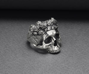 925 Silver Skull Ring with Rose Crown, Handcrafted Brutal Jewelry