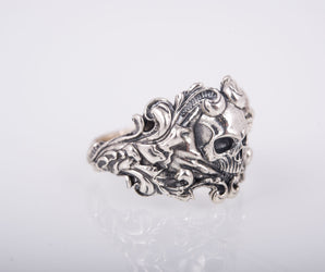 925 Silver Biker ring with Skull and Leaves, Unique handcrafted Jewelry
