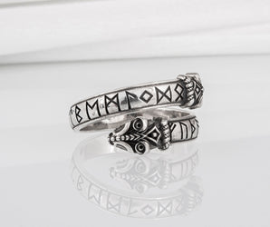 Unique sterling silver Snake ring with elder Futhark runes, handcrafted ancient norse jewel