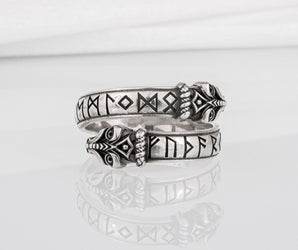 Unique sterling silver Snake ring with elder Futhark runes, handcrafted ancient norse jewel