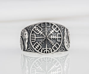 Handcrafted sterling silver Vegvisir Viking ring with ravens and celtic knots, unique norse jewelry