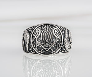Handcrafted sterling silver Ravens interweaving Viking ring with unique norse ornament, ancient style jewelry