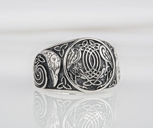 Handcrafted sterling silver Ravens interweaving Viking ring with unique norse ornament, ancient style jewelry