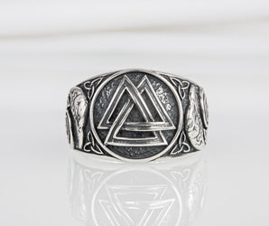 Unique Norse sterling silver ring with Valknut and Odin Ravens, handcrafted ornament jewelry