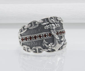 Anchor And Chain 925 Silver Ring With Wood Texture And Gems, Handcrafted Jewelry