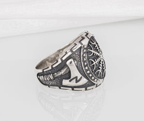 Brutal Sterling Silver Viking ring with Helm of Awe and Axes, handcrafted ancient Norse jewelry