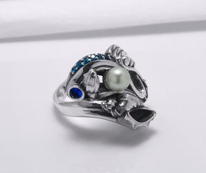 925 Silver Seashell Ring with Pearl and Blue Gems, Handcrafted Marine Jewelry